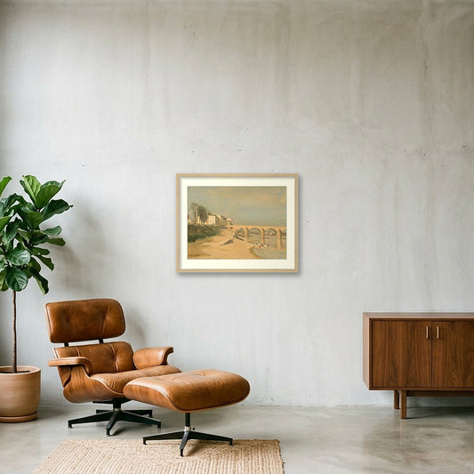 Digital preview of Corot — Bridge on the Saône River at Mâcon with an ivory mat and oak-finish frame.