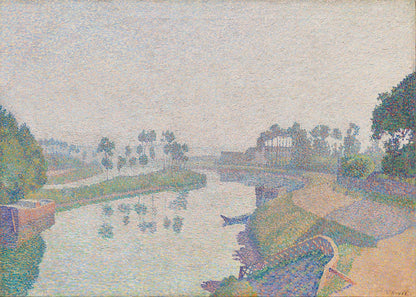 Artwork image of Hayet’s Banks of the Oise at Dawn, with a pale river, violet banks and trees formed from small colored marks.