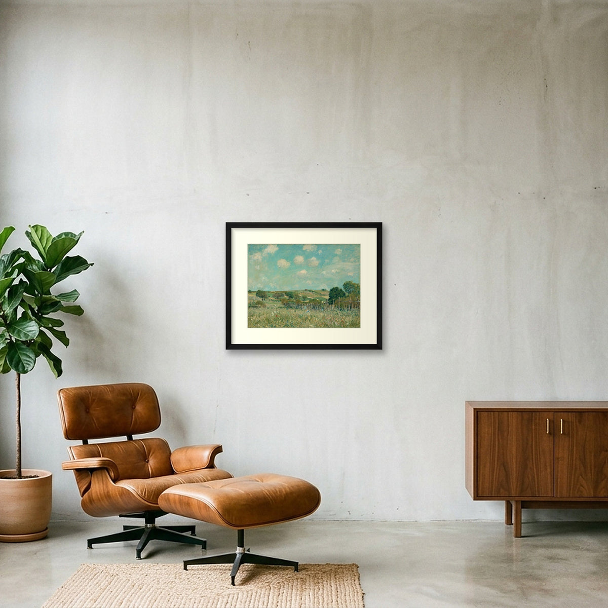 Digital room preview of Sisley — Meadow with an ivory mat and black frame.