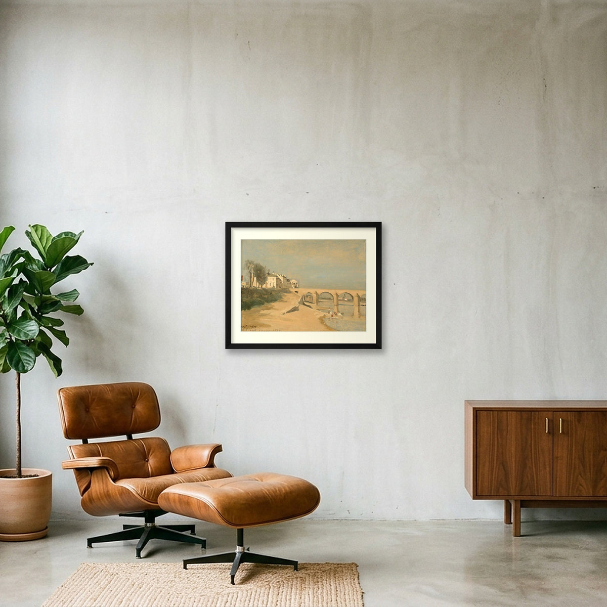 Digital preview of Corot — Bridge on the Saône River at Mâcon with an ivory mat and black frame.