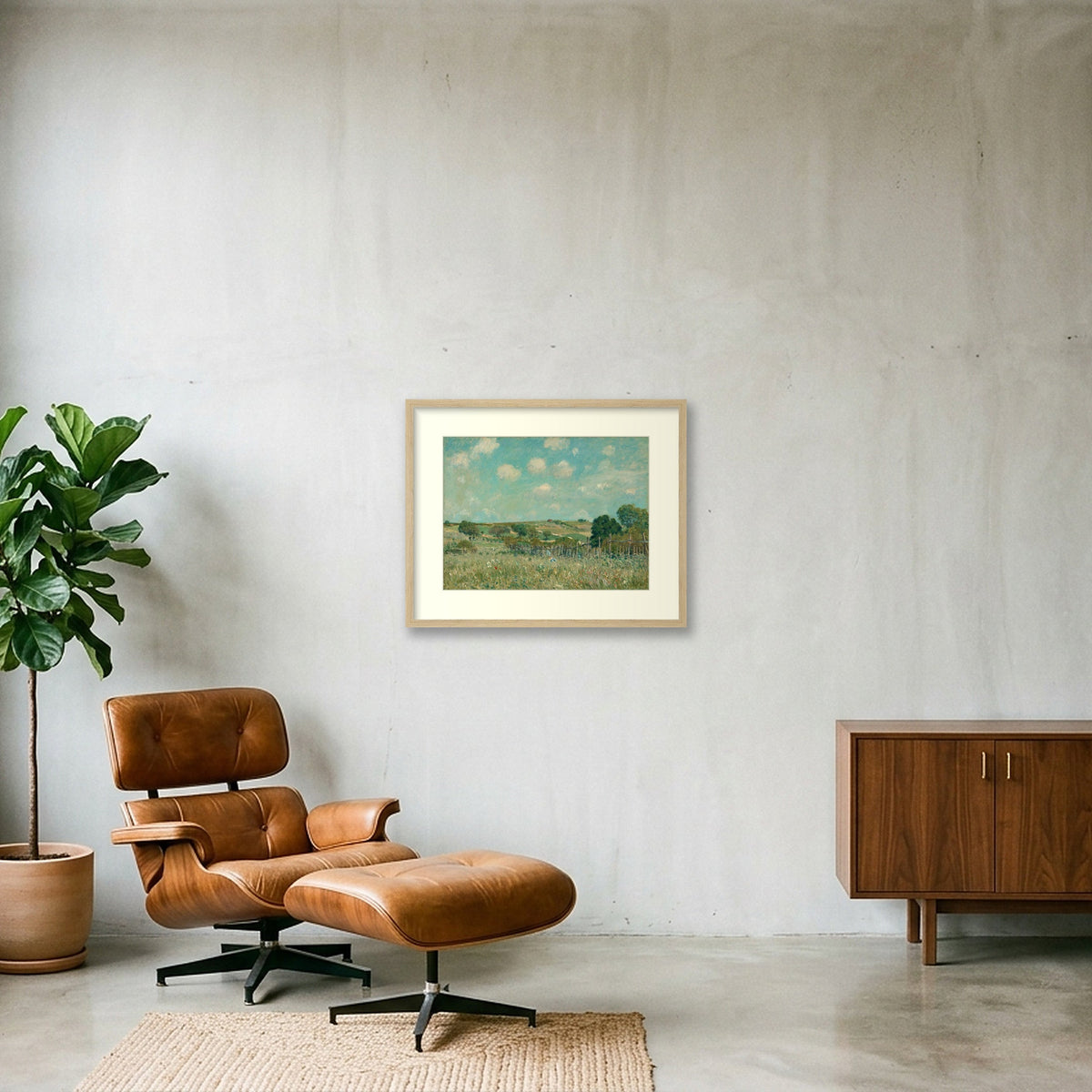 Digital room preview of Sisley — Meadow with an ivory mat and oak-veneer frame.