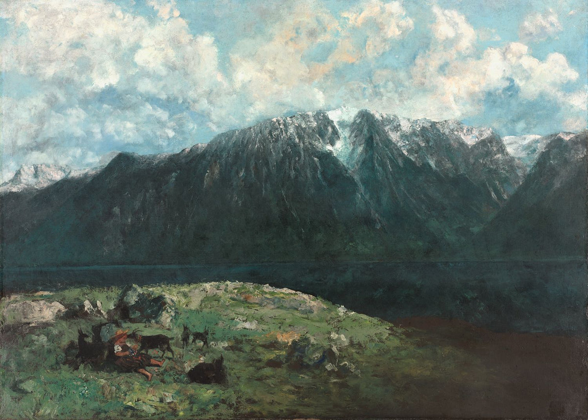 Artwork image of Courbet’s Panoramic View of the Alps, with a dark mountain ridge, pale clouds and figures in a green foreground.