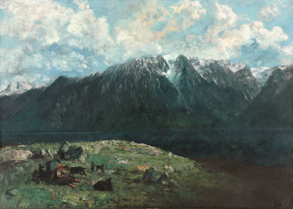 Artwork image of Courbet’s Panoramic View of the Alps, with a dark mountain ridge, pale clouds and figures in a green foreground.
