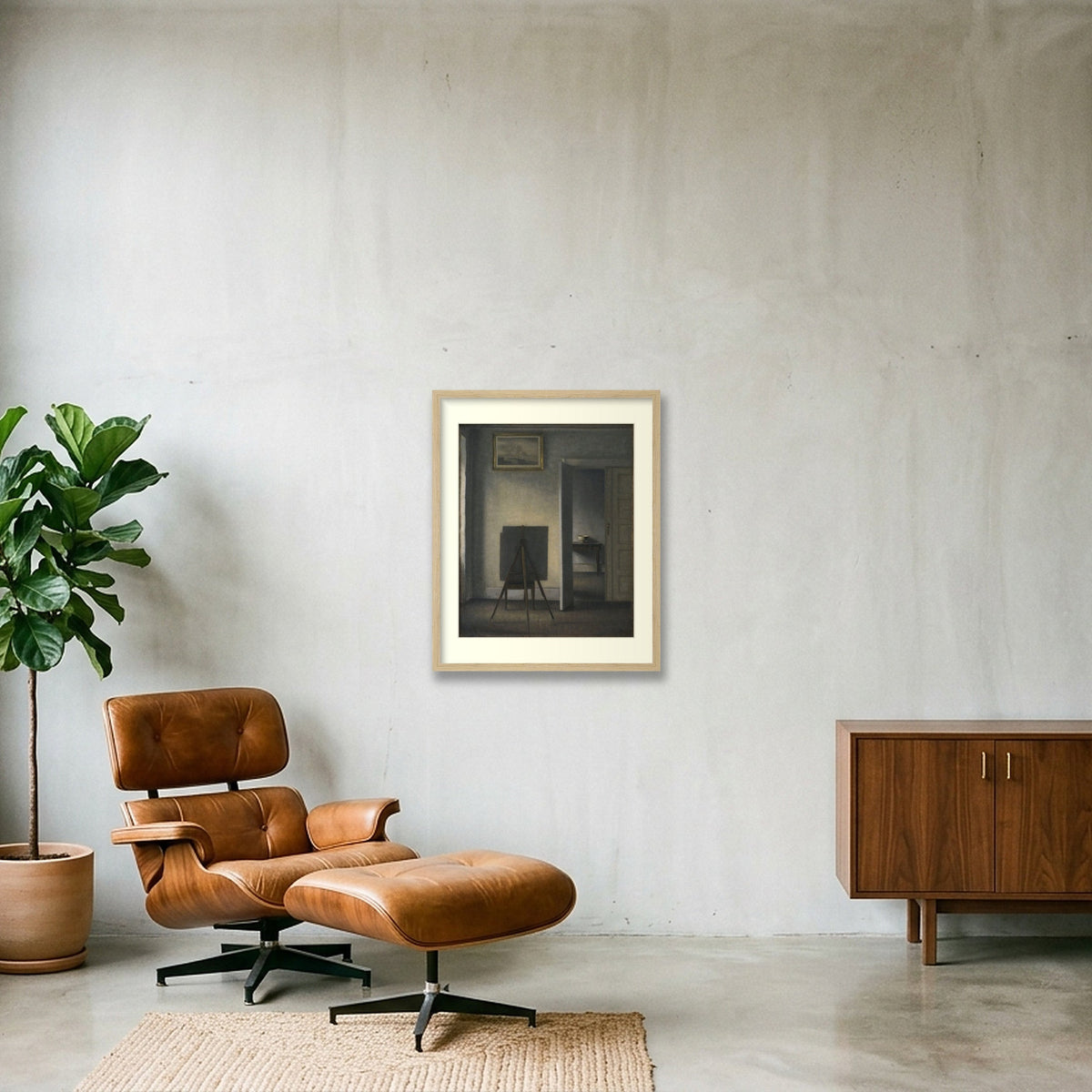 Digital preview of Hammershøi — Interior with the Artist’s Easel with an ivory mat and oak-finish frame.
