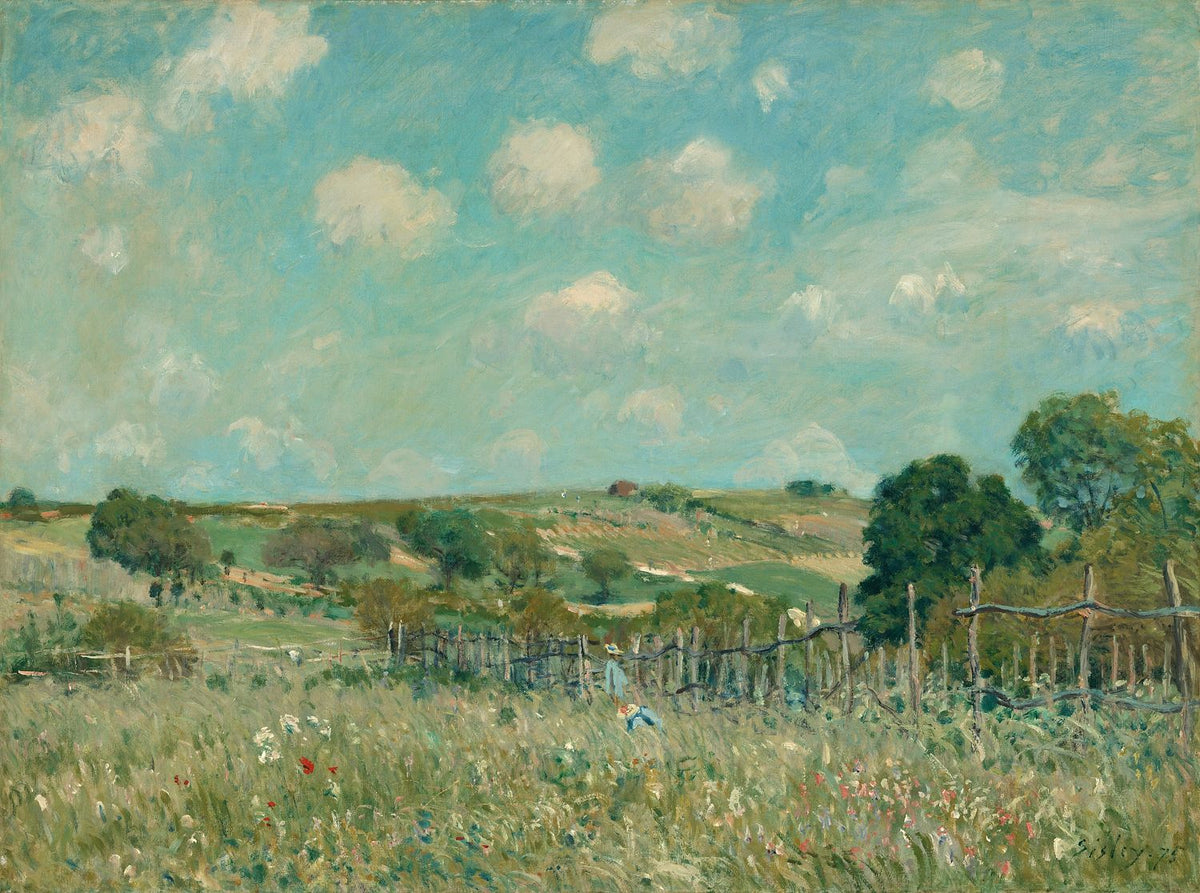 Artwork image of Sisley’s Meadow, showing a broad turquoise sky above green fields, a wooden fence, flowers and small figures.