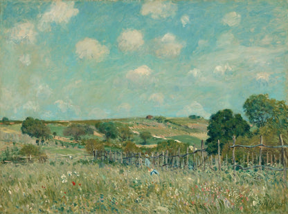 Artwork image of Sisley’s Meadow, showing a broad turquoise sky above green fields, a wooden fence, flowers and small figures.