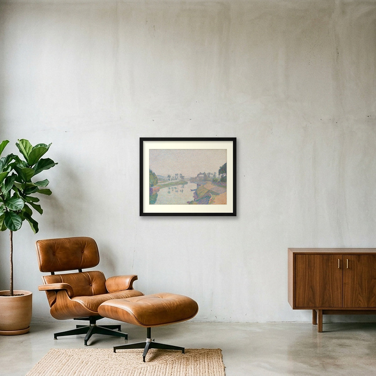 Digital room preview of Hayet — Banks of the Oise at Dawn with an ivory mat and black frame.