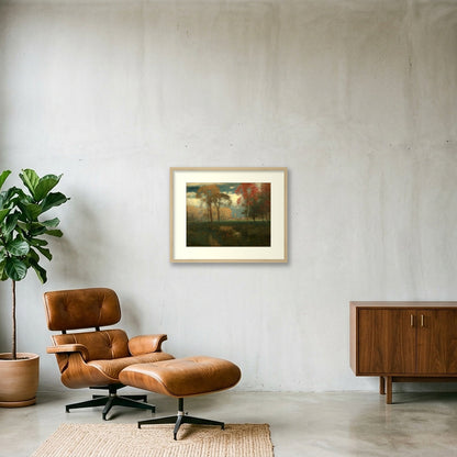 Digital room preview of Inness — Sunny Autumn Day with an ivory mat and oak-veneer frame, beside a brown leather chair.