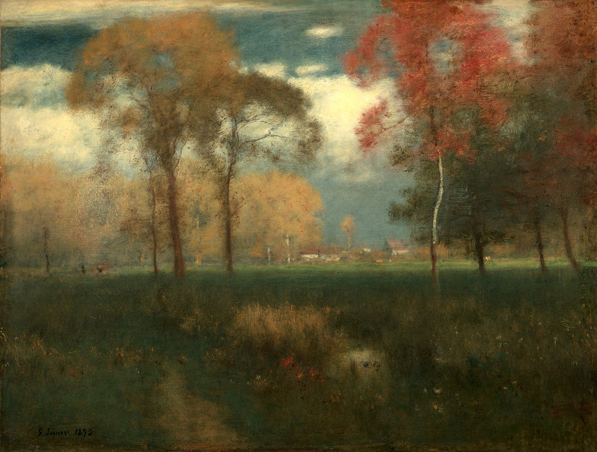 Artwork image of Inness’s Sunny Autumn Day, showing soft gold and russet trees against blue-green distance and a bright central opening.