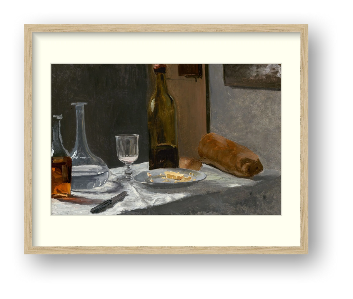 Monet — Still Life with Bottle, Carafe, Bread, and Wine — framed