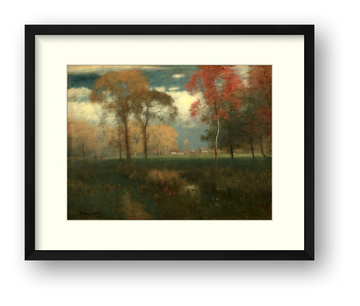 Digital product preview of Inness — Sunny Autumn Day, showing the complete artwork within an ivory mat and black frame.