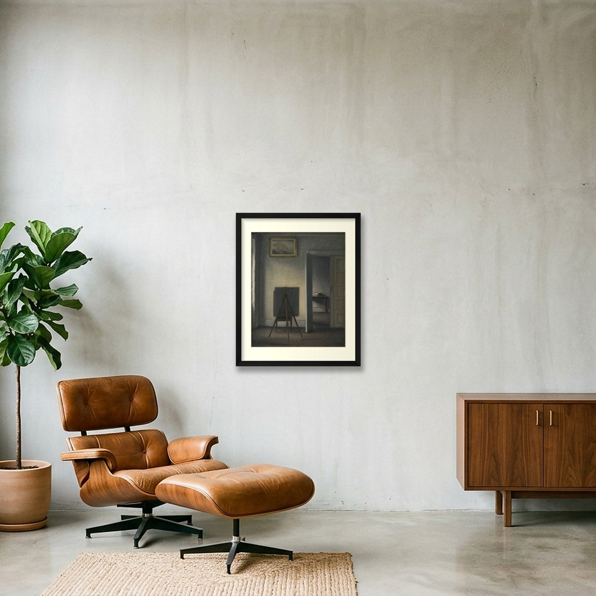 Digital preview of Hammershøi — Interior with the Artist’s Easel with an ivory mat and black frame.