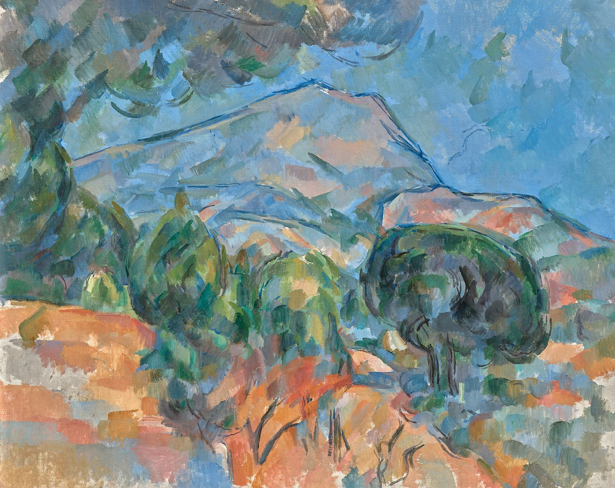Artwork image of Cézanne’s Mount Sainte-Victoire, with a blue mountain, curved pine branches and loose planes of green and peach.