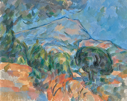 Artwork image of Cézanne’s Mount Sainte-Victoire, with a blue mountain, curved pine branches and loose planes of green and peach.